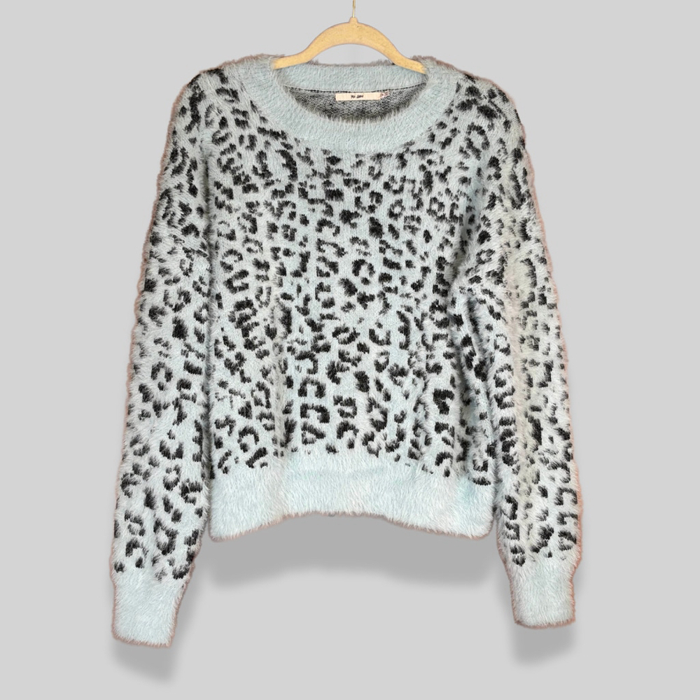 Mi Ami Pullover Sweater Fuzzy Leopard Print Light Blue Black Women's Size Medium